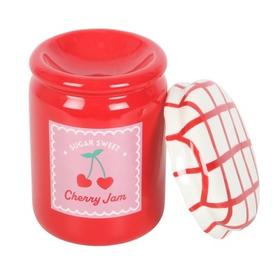 Frasco vermelho de cerâmica com tampa branca e padrão vermelho, com rótulo rosa de geleia de cereja.