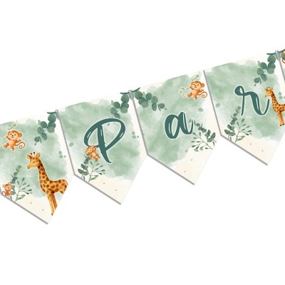 Bandeirolas de papel com girafas, macacos, folhas e letras verdes