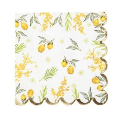 Guardanapo de papel decorativo com padrão de limões amarelos e folhas verdes