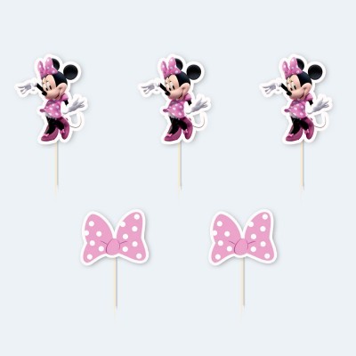 Toppers para bolo com Minnie Mouse e laços cor-de-rosa com bolinhas brancas