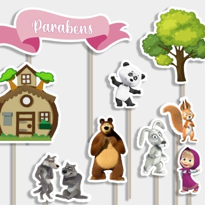 Recortes de decoração de festa infantil com casa, árvore, animais e faixa rosa com 'Parabéns'