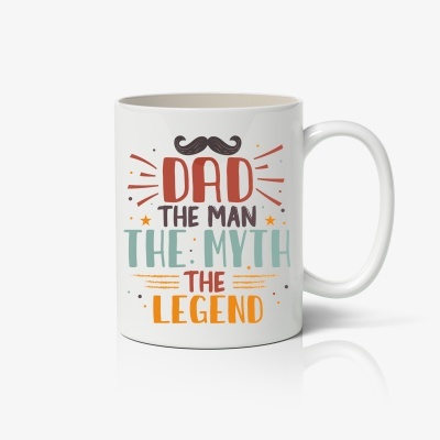 Caneca branca com texto colorido e ilustração de bigode.