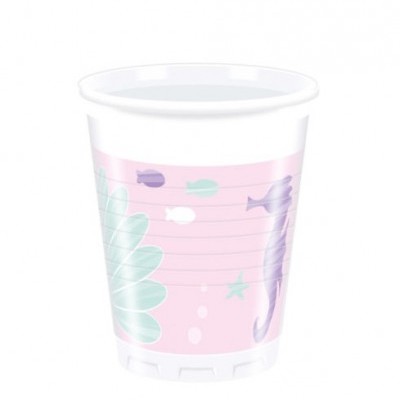 Copo plástico branco decorado com desenhos marinhos coloridos