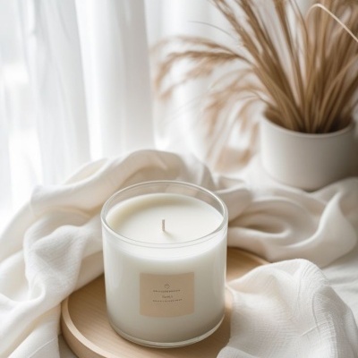 Vela branca em copo de vidro sobre base de madeira com tecido e flores secas