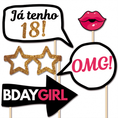Adereços de festa com texto 'Já tenho 18!', 'OMG!', 'BDAY GIRL' e acessórios festivos em dourado, rosa e preto em palitos de madeira