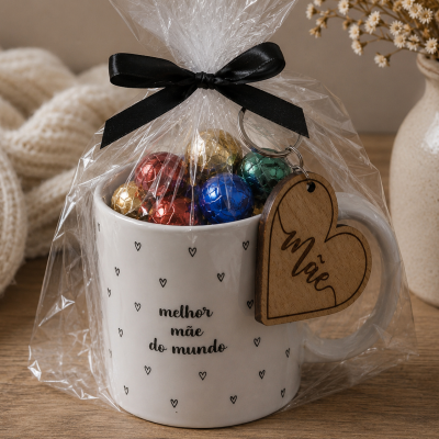 Caneca branca com corações e texto para melhor mãe, recheada de bombons coloridos, embrulhada, com porta-chaves de madeira em forma de coração, junto a vaso com flores secas numa mesa de madeira.