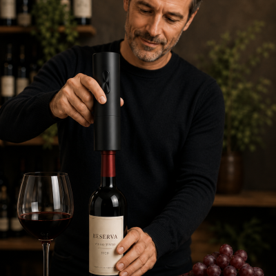 Homem a abrir garrafa de vinho tinto com abridor elétrico