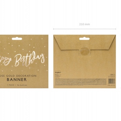 Embalagem de cartão castanho com texto branco 'Happy Birthday' e 'ROSE GOLD DECORATION BANNER'