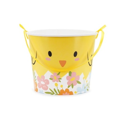 Balde metálico amarelo decorado com rosto de pintainho e flores coloridas
