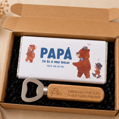 Caixa com chocolate embrulhado e abridor de garrafas para dia do pai