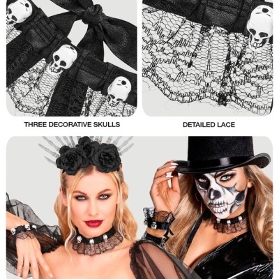Colar e pulseiras em renda preta com caveiras decorativas, acessórios de halloween