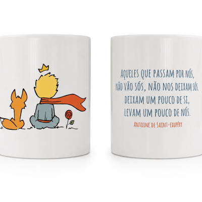 Caneca branca do Pequeno Príncipe com ilustração colorida e frase em português.