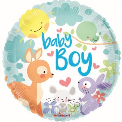 Balão redondo com desenhos de animais e texto 'baby boy'