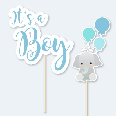 Topper para bolo com texto 'It's a Boy' e elefante com balões azuis