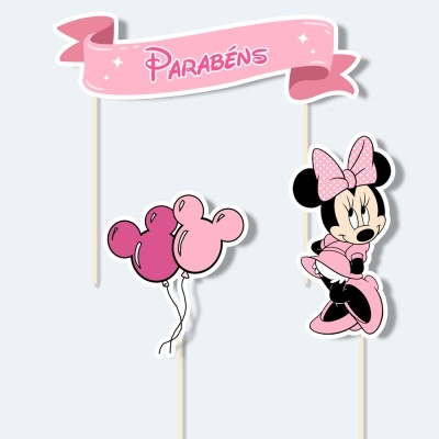 Toppers para bolo com tema Minnie Mouse e a palavra PARABÉNS em faixa cor-de-rosa