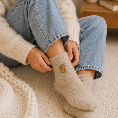Meias felpudas bege com bordado de cão usadas por pessoa com jeans claros e camisola de malha creme sentada no tapete