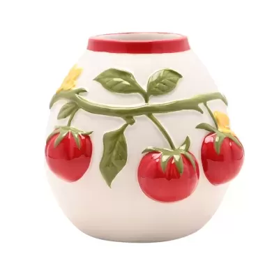 Vaso cerâmico decorado com tomates vermelhos e folhas verdes em relevo