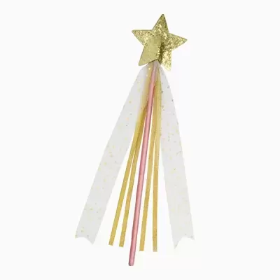 Varinha mágica rosa com estrela dourada e fitas decorativas