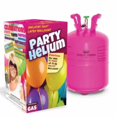 Conjunto para festas com cilindro de gás hélio cor-de-rosa e caixa colorida com balões de látex.