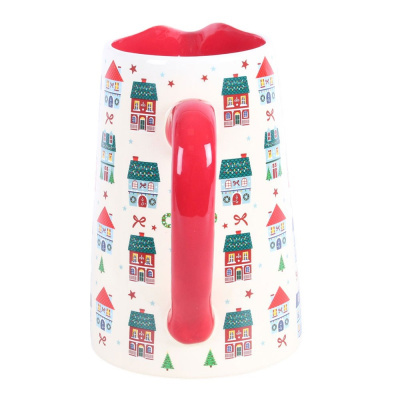 Caneca cerâmica com padrão casas e interior vermelho