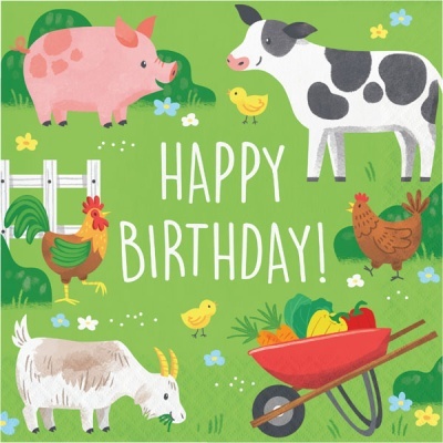 Ilustração de animais de quinta e carrinha com vegetais em fundo verde com texto Happy Birthday