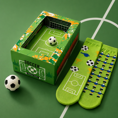 Conjunto de meias verdes com padrão futebol e embalagem verde com bola de futebol
