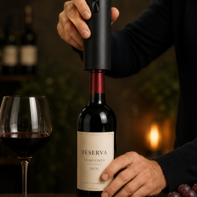 Garrafa de vinho tinto com saca-rolhas elétrico e copo de vinho num ambiente escuro
