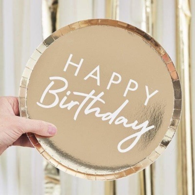 Prato de papel dourado metálico com texto Happy Birthday