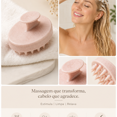 Massageador oval rosa para couro cabeludo com pinos flexíveis, usado em cabelo molhado com espuma.