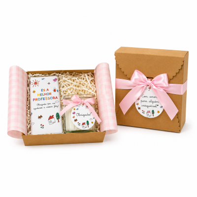 Caixa de oferta com vela, barra de chocolate e fitas cor-de-rosa