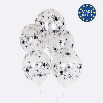 Cinco balões transparentes com impressão de aranhas pretas