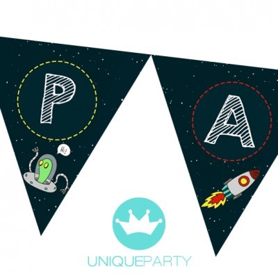 Bandeirolas triangulares pretas com desenhos de monstro e foguetão e letras P e A.