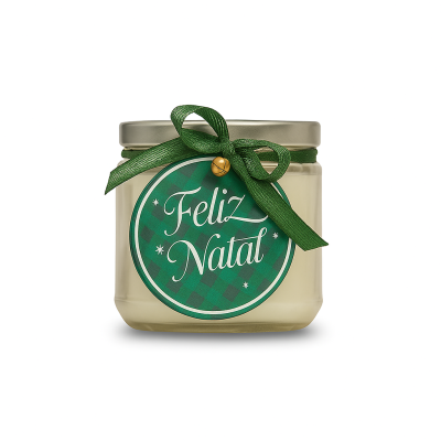 Frasco de vidro fosco com etiqueta verde e laço com sino