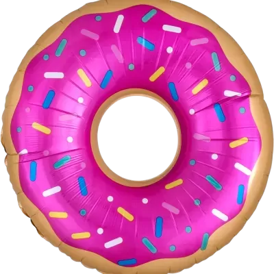 Boia insuflável em forma de dona com cobertura rosa e sprinkles coloridos.