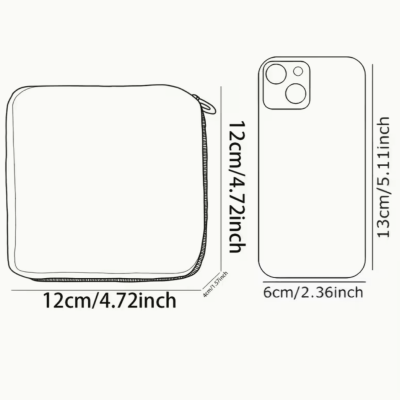 Desenho a linha de bolsa quadrada e telemóvel com medidas
