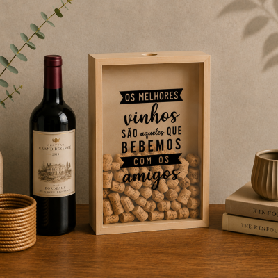 Garrafas de vinho, quadro com rolhas, vaso com folhas verdes, cesto e livros Kinfolk numa mesa de madeira