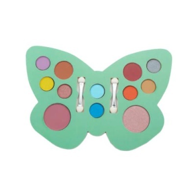 Paleta de sombras em forma de borboleta com várias cores e duas esponjas aplicadoras