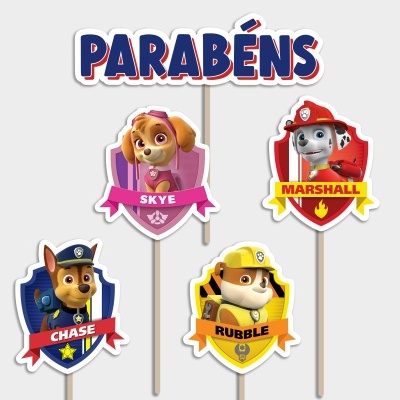 Toppers para bolos com personagens de cão e textos Parabéns, Skye, Marshall, Chase, Rubble.