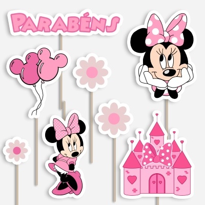 Toppers para bolo da Minnie Mouse em rosa com balões, castelo, flores e palavra PARABÉNS