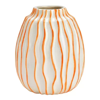 Vaso cerâmico branco com linhas verticais laranjas onduladas