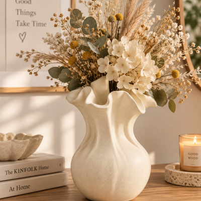 Vaso de cerâmica com flores secas e decoração ao redor