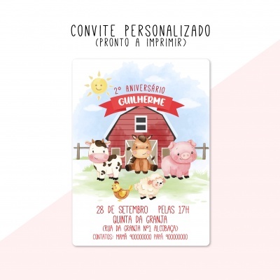 Convite de aniversário com animais da quinta e celeiro vermelho