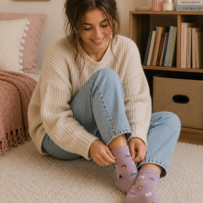 Mulher com meias lilás com rostos de gatos, camisola de malha creme e jeans azuis num tapete bege