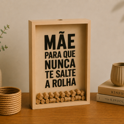 Quadro de madeira com texto para mãe, rolhas de cortiça, vaso com plantas, suporte redondo castanho, livros Kinfolk e caneca bege numa mesa de madeira
