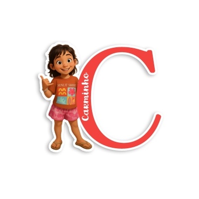 Personagem animada com t-shirt colorida e letra 'C' vermelha com texto 'Caminho'