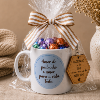 Caneca branca com mensagem para padrinho e chaveiro em embalagem com laço e bombons.