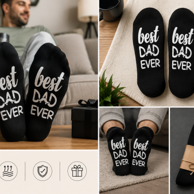 Meias pretas com texto blanco e desenho de bigode