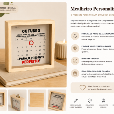 Mealheiro personalizado em madeira de pinho com calendário e texto em vidro frontal, colocado sobre livros numa mesa de madeira.