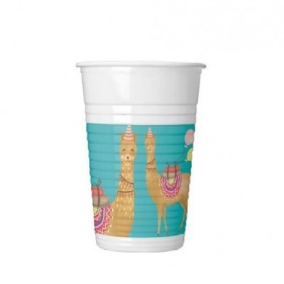 Copo plástico branco com desenhos de lamas em faixa azul