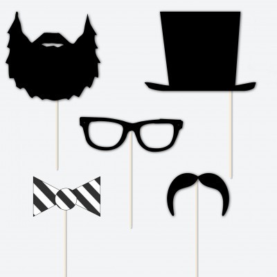 Adereços para festas: barba, chapéu, óculos, bigode e gravata borboleta em palitos